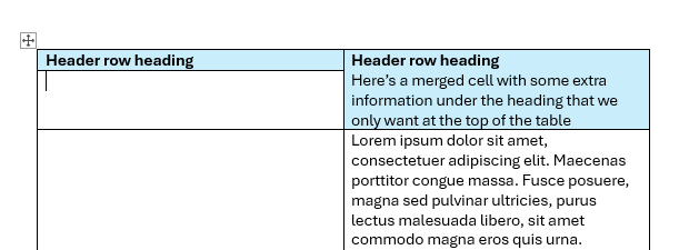 Header row with merged cells over multiple pages